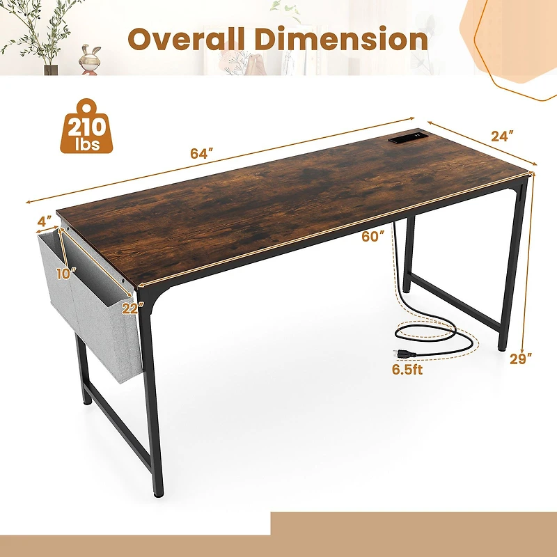 60" Computer Desk, Charging Station Storage Bag - Rustic Brown