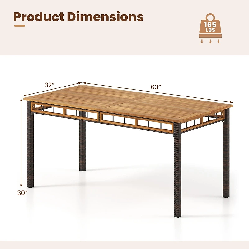 63" Outdoor Dining Table, Acacia Wood Slatted Tabletop