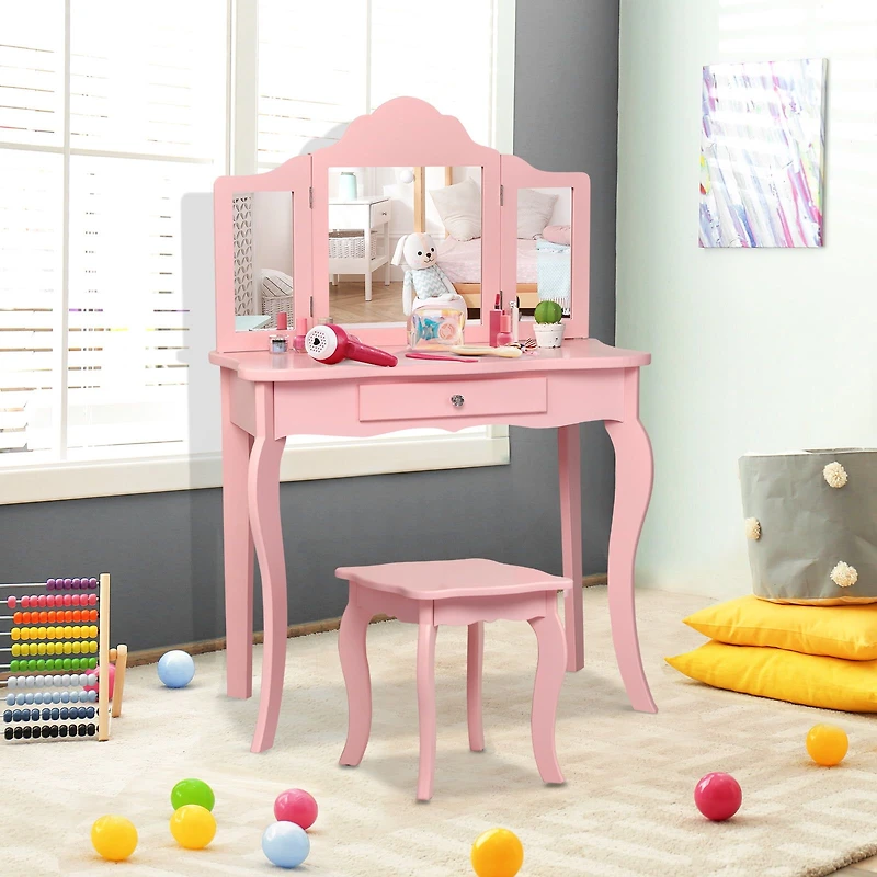 Ensemble coiffeuse pour enfants, miroir de maquillage et tabouret - rose