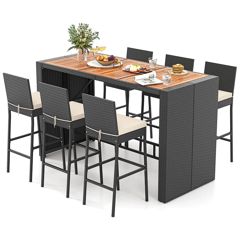 7-Piece Patio Rattan Bar Set, Seat Cushions for Porch Yard Garden