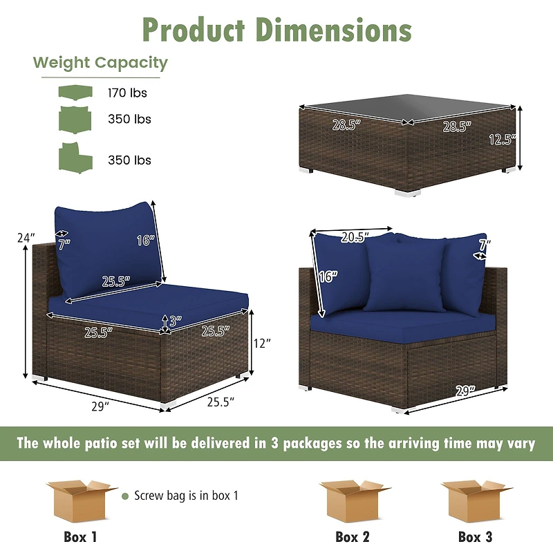 7-Piece Patio Rattan Furniture Set, Sectional Sofa Cushions - Navy