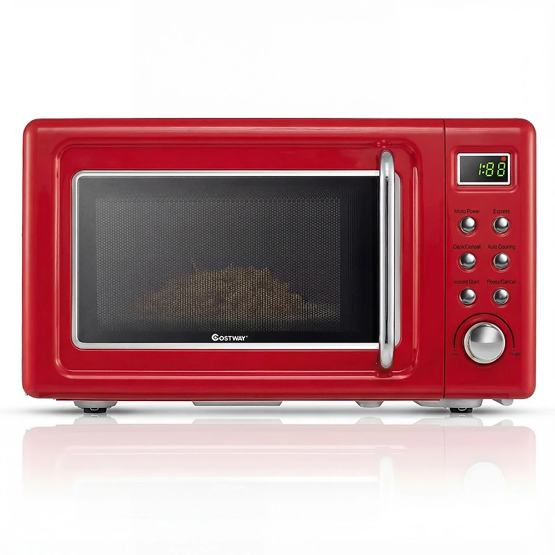 Four à micro-ondes de comptoir rétro de 700 W, 5 puissances de micro-ondes et fonction de cuisson automatique - Rouge clair