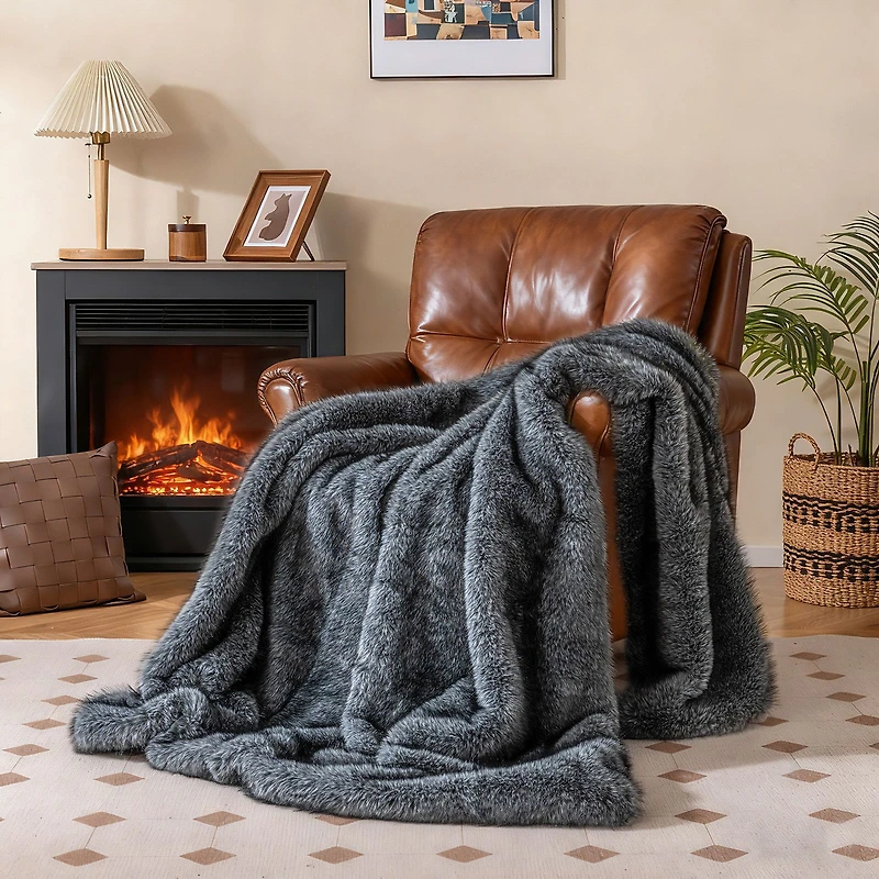 740 GSM Soft Plush Fuzzy Luxury Faux Wolf Fur Blanket, For Sofa - Gray