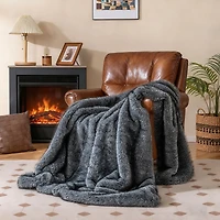 740 GSM Soft Plush Fuzzy Luxury Faux Wolf Fur Blanket, For Sofa - Gray