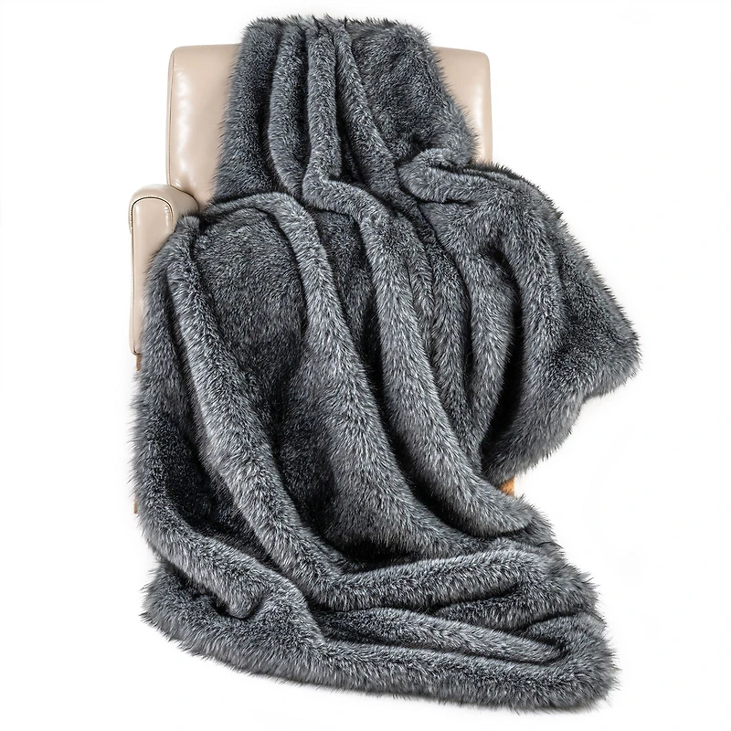 740 GSM Soft Plush Fuzzy Luxury Faux Wolf Fur Blanket, For Sofa - Gray