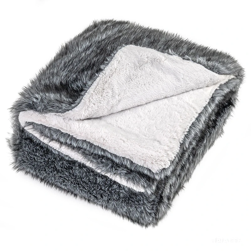 740 GSM Soft Plush Fuzzy Luxury Faux Wolf Fur Blanket, For Sofa - Gray