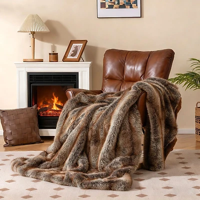 780 GSM Soft Plush Fuzzy Luxury Faux Fox Fur Blanket, For Sofa - Brown