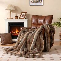 780 GSM Soft Plush Fuzzy Luxury Faux Fox Fur Blanket, For Sofa - Brown