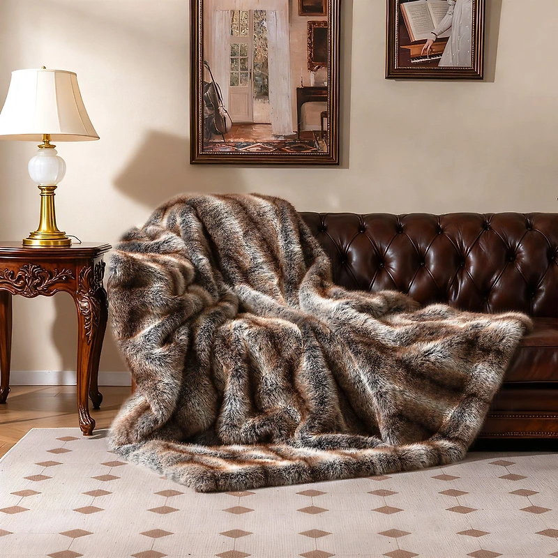 780 GSM Soft Plush Fuzzy Luxury Faux Fox Fur Blanket, For Sofa - Brown