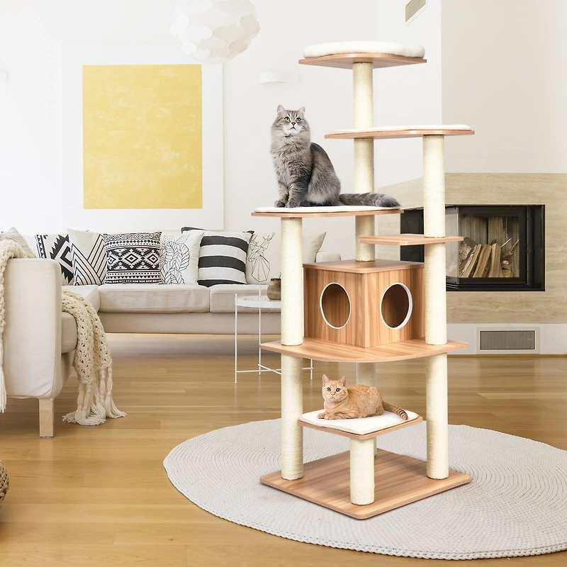 7-Layer Wooden Cat Tree Tall Cat Tower, Sisal Posts and Condo - Natural
