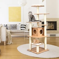 7-Layer Wooden Cat Tree Tall Cat Tower, Sisal Posts and Condo - Natural
