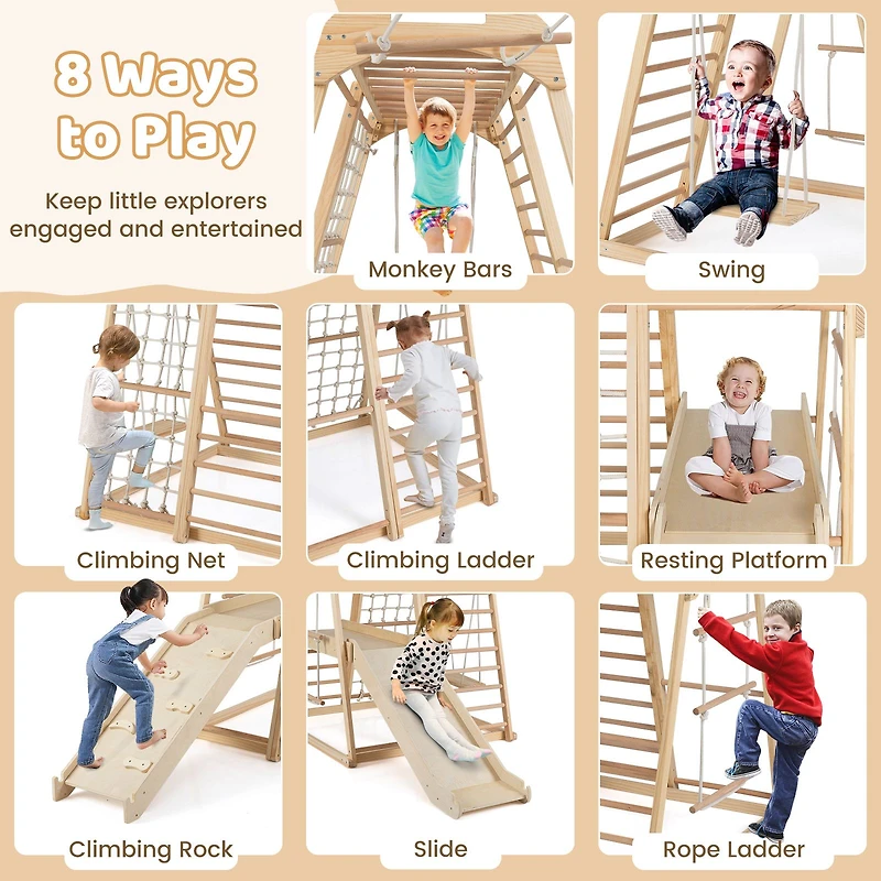 8-in-1 Jungle Gym Wooden Montessori Climber Playset, Slide and Monkey Bar for Kids 3-5 Years Old - Natural