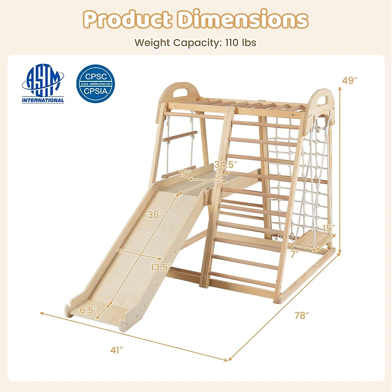 8-in-1 Jungle Gym Wooden Montessori Climber Playset, Slide and Monkey Bar for Kids 3-5 Years Old - Natural