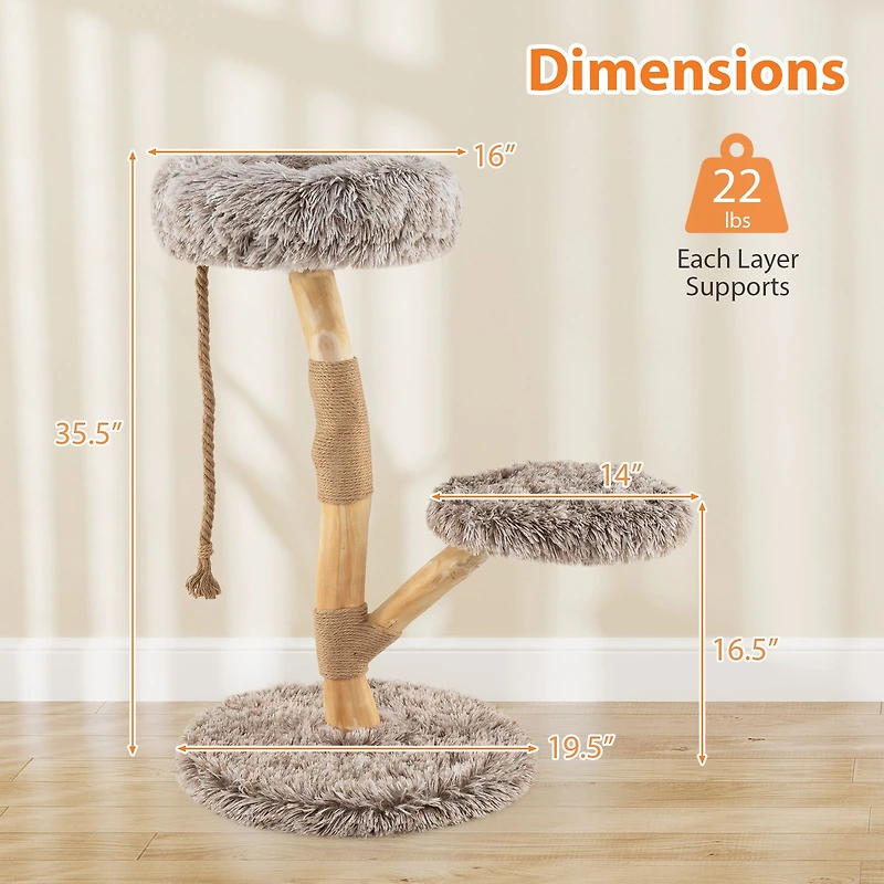 Modern Wooden Cat Tree Tower, Perch and Natural Jute Scratching Posts - Brown