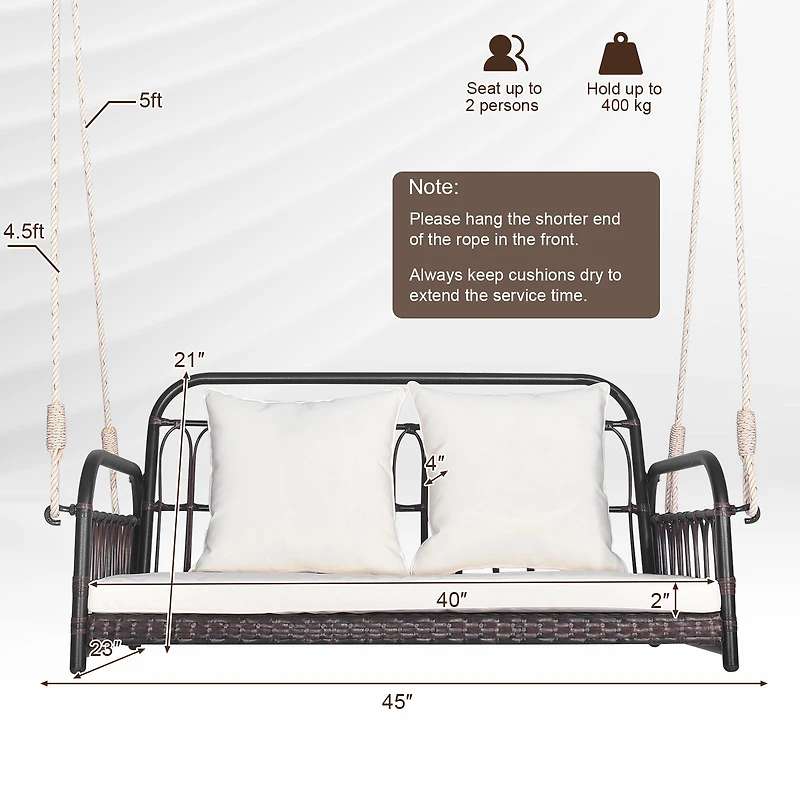 880LBS Wicker Hanging Porch Swing, Cushions - White