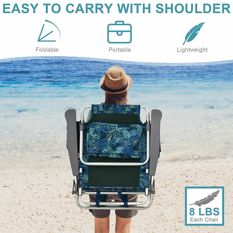 2-Pack Folding Backpack Beach Chair 5-Position Outdoor Reclining Chairs, Pillow