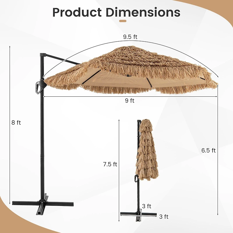 9.5 ft Cantilever Tiki Patio Umbrella Hawaiian Style Offset Hanging Umbrella - Natural