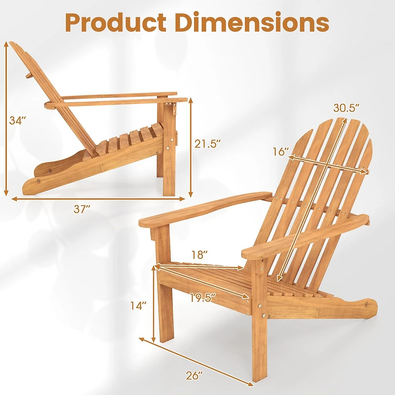 Acacia Wood Patio Adirondack Chair, Inclined Seat and High Backrest for Porch Poolside - Natural