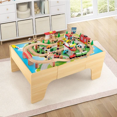84-Piece Wooden Train Set, Reversible and Detachable Tabletop