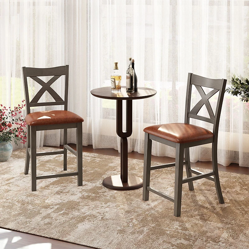 Bar Stools Set of 2, Cross Back and Faux Leather Upholstered Seat - Gray
