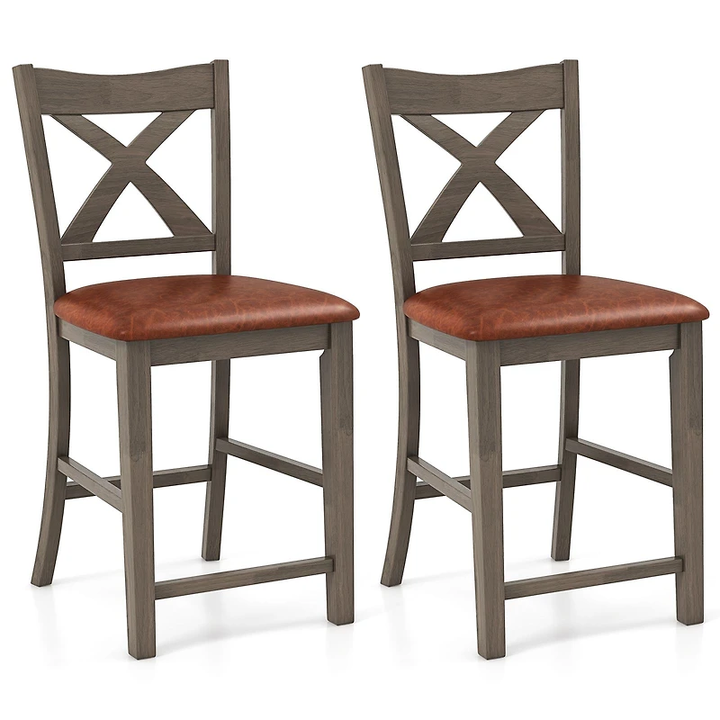 Bar Stools Set of 2, Cross Back and Faux Leather Upholstered Seat - Gray