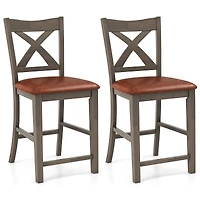 Bar Stools Set of 2, Cross Back and Faux Leather Upholstered Seat - Gray