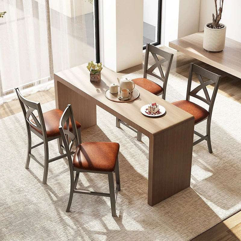 Bar Stools Set of 2, Cross Back and Faux Leather Upholstered Seat - Gray