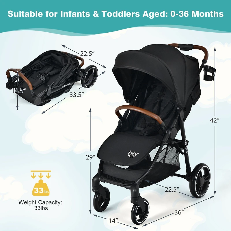Poussette pour bébé légère, harnais à 5 points, cache-pieds et dossier réglable - Noir