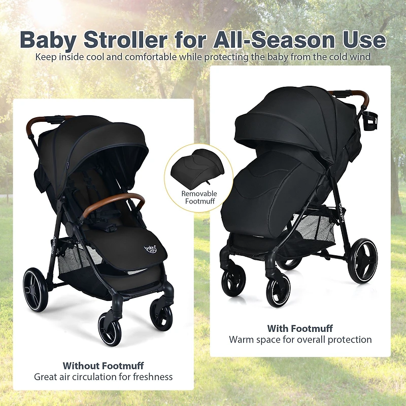 5-Point Harness Lightweight Infant Stroller, Foot Cover and Adjustable Backrest - Black