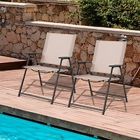 Set of 2 Patio Dining Chairs, Armrests and Rustproof Steel Frame - Beige