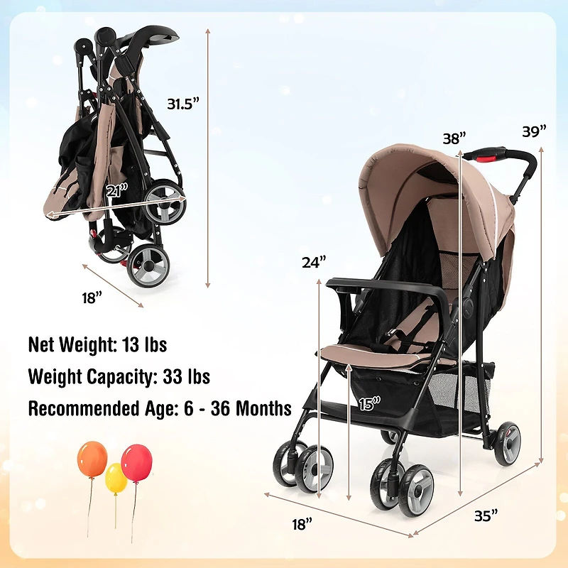 Toddler Travel Stroller for Airplane, Canopy and Adjustable Backrest