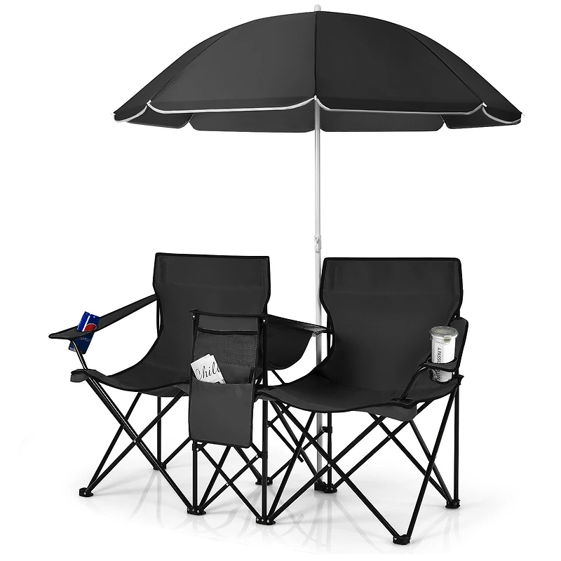 Portable Folding Picnic Double Chair, Umbrella