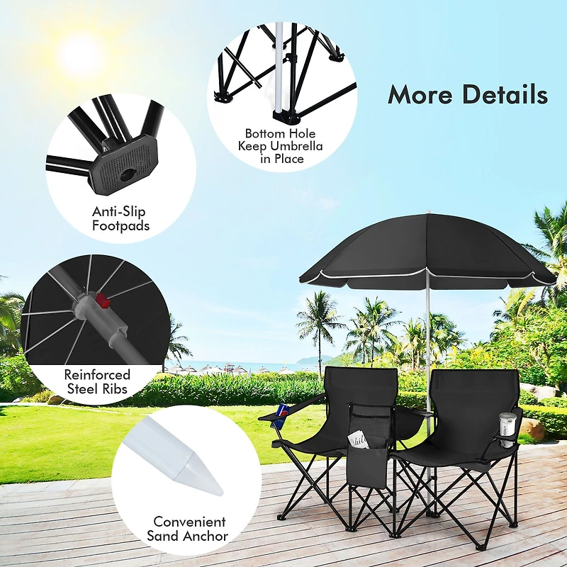 Portable Folding Picnic Double Chair, Umbrella