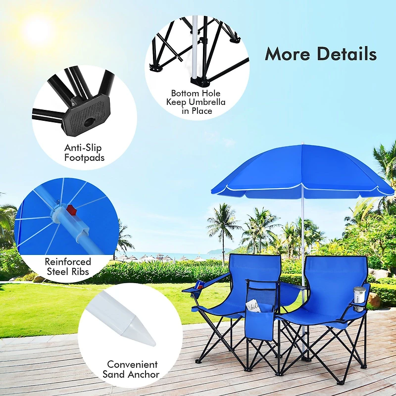 Portable Folding Picnic Double Chair, Umbrella