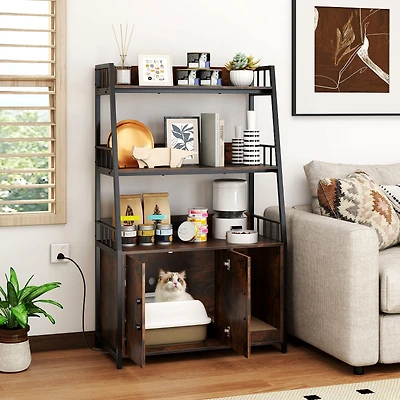 Cat Litter Box Enclosure, Storage Shelves and Scratching Pad - Rustic Brown