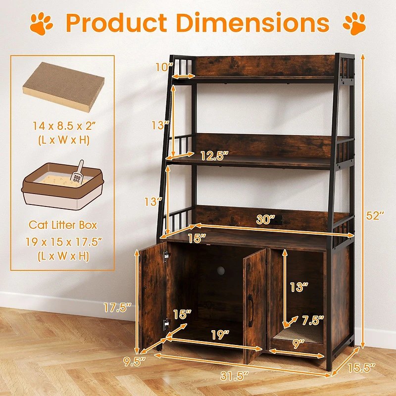 Cat Litter Box Enclosure, Storage Shelves and Scratching Pad - Rustic Brown