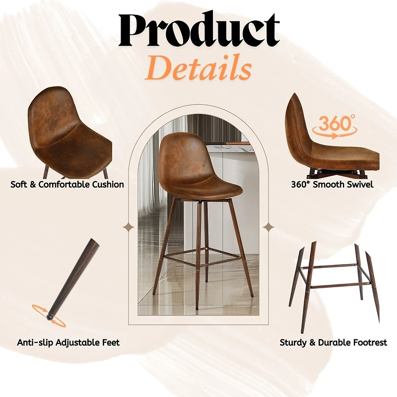 Set of 2 Swivel Suede 26.4" Counter Bar Stools by Maison Classique