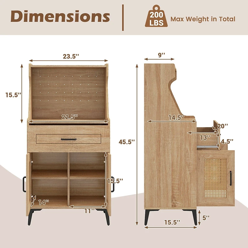 Coffee Bar Cabinet, Pegboard Storage Drawer and Adjustable Shelf - Oak