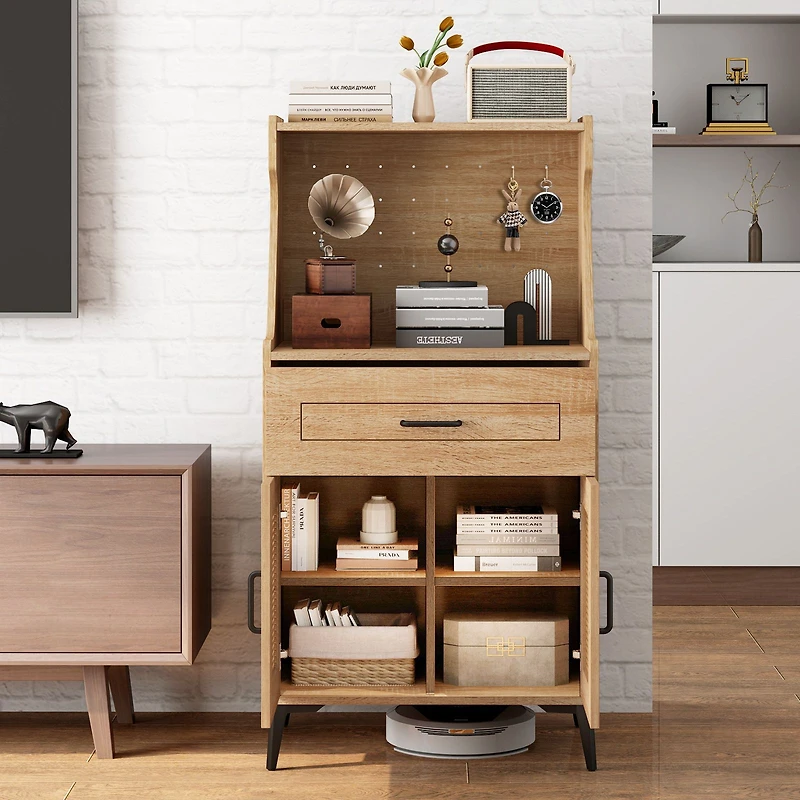 Coffee Bar Cabinet, Pegboard Storage Drawer and Adjustable Shelf - Oak