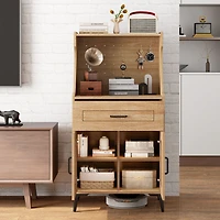 Coffee Bar Cabinet, Pegboard Storage Drawer and Adjustable Shelf - Oak