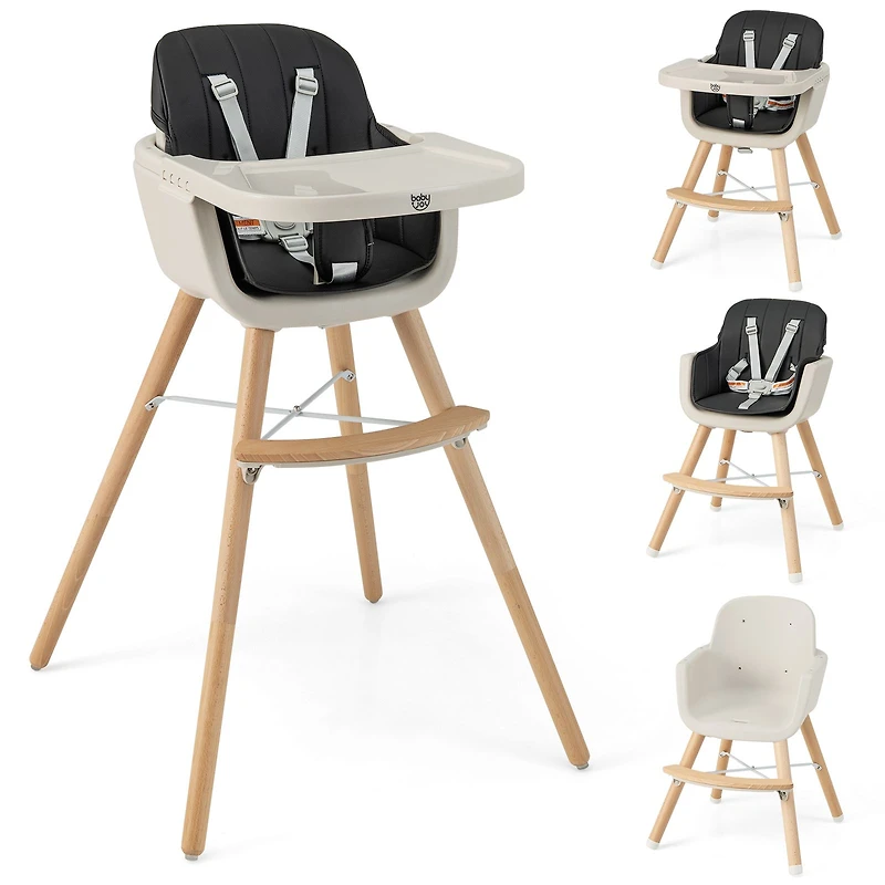 3-in-1 Convertible Wooden High Chair, Cushion - Black