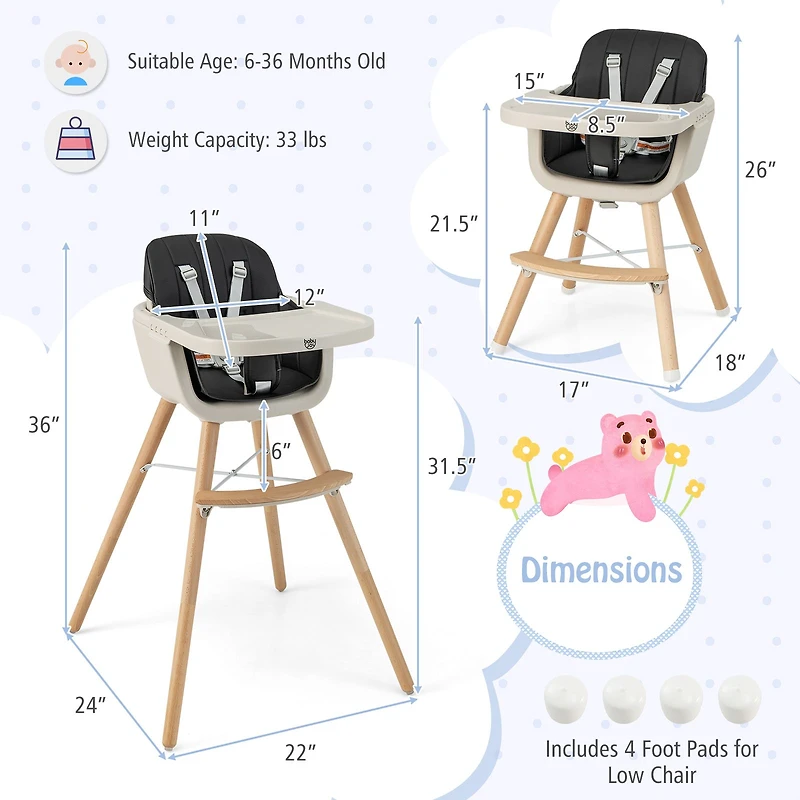 3-in-1 Convertible Wooden High Chair, Cushion - Black