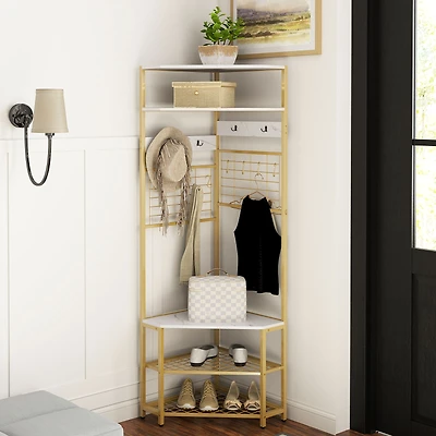 5-Tier Corner Hall Tree, Shoe Storage Bench - White