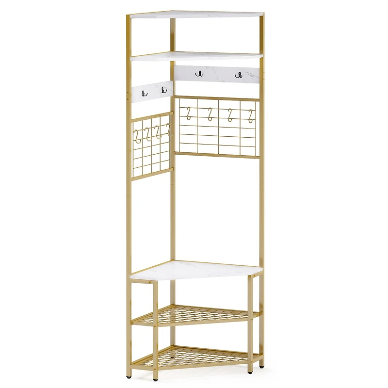 5-Tier Corner Hall Tree, Shoe Storage Bench - White