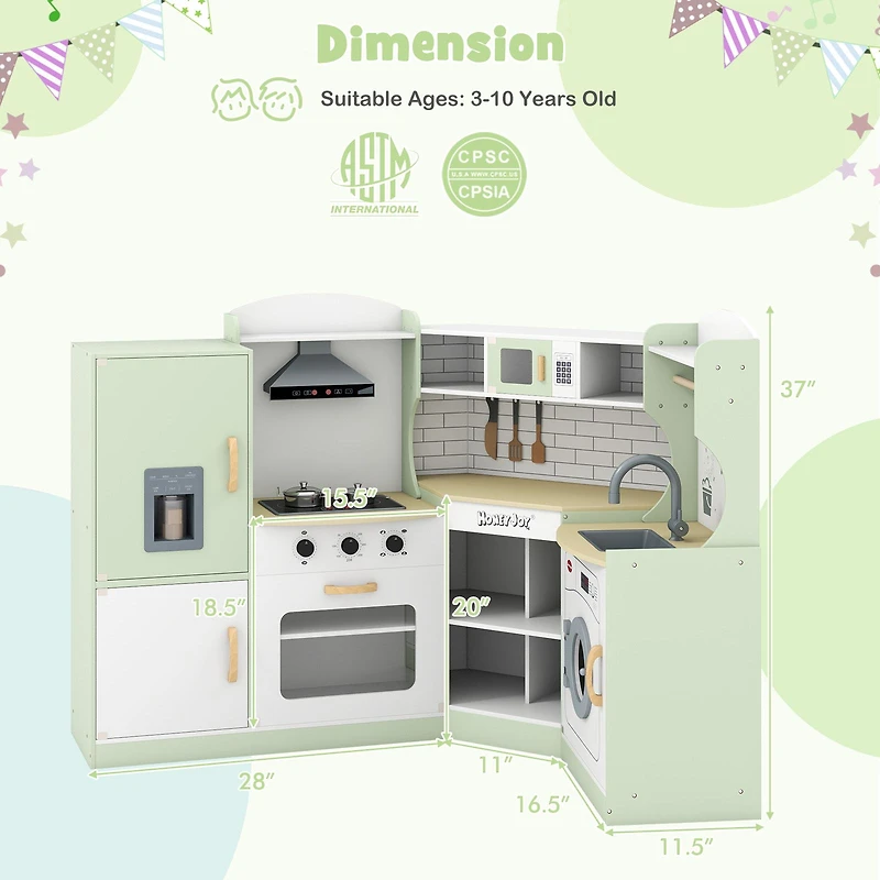 Corner Kids Play Kitchen, Washing Machine and Ice Maker Gift for Boys Girls - Green