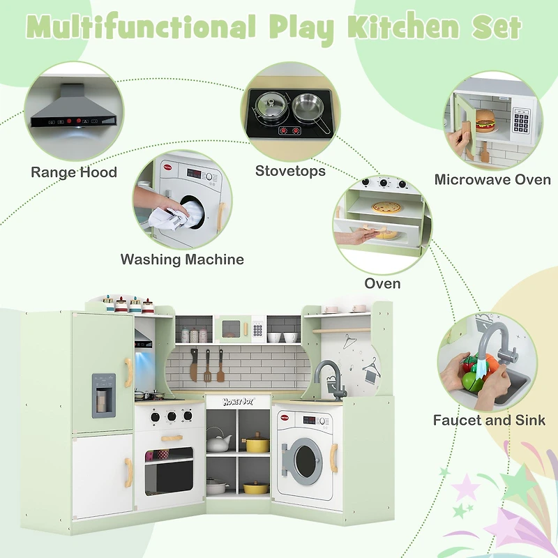 Corner Kids Play Kitchen, Washing Machine and Ice Maker Gift for Boys Girls - Green