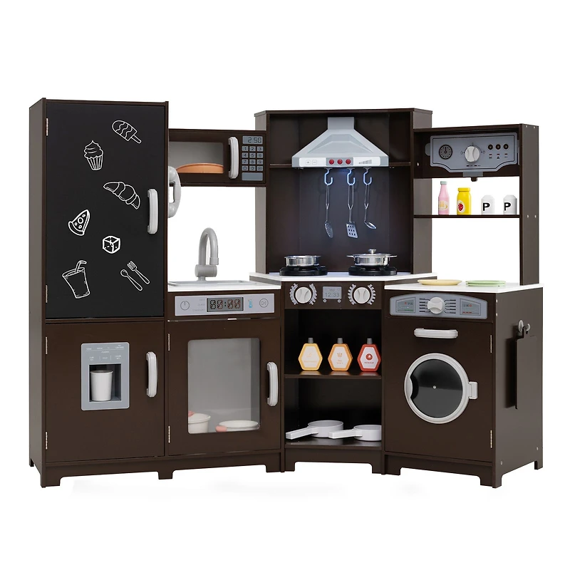 Corner Wooden Play Kitchen, Lights and Sounds Large Pretend Play Kitchen Set - Espresso