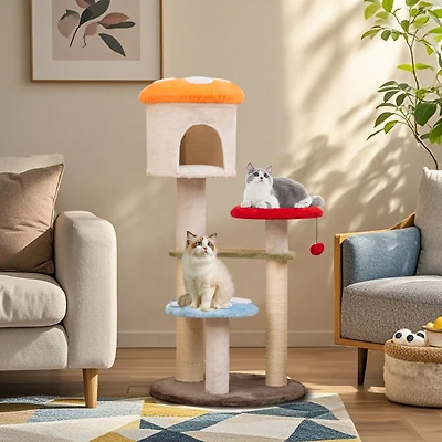 Cute Mushroom Cat Tree, Sisal Scratching Posts Top Condo and Padded Platforms - Multicolor