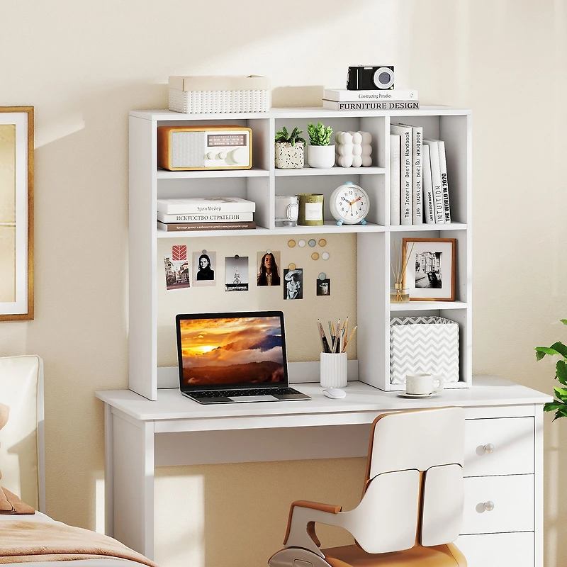 Desktop Bookshelf, 7 Open Cubbies and 3 Adjustable Shelves - White