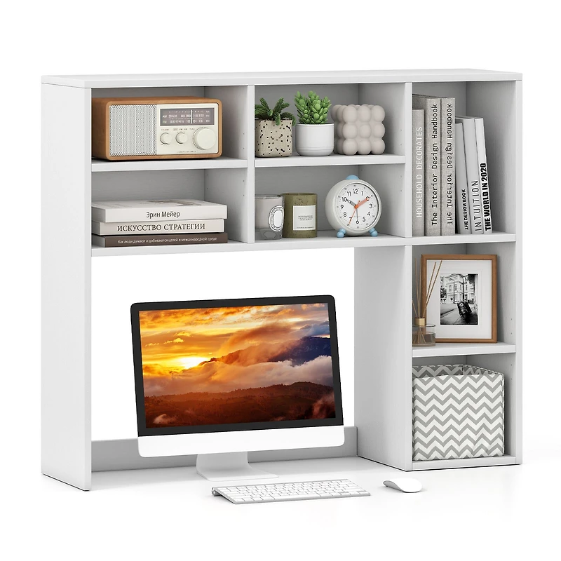 Desktop Bookshelf, 7 Open Cubbies and 3 Adjustable Shelves - White